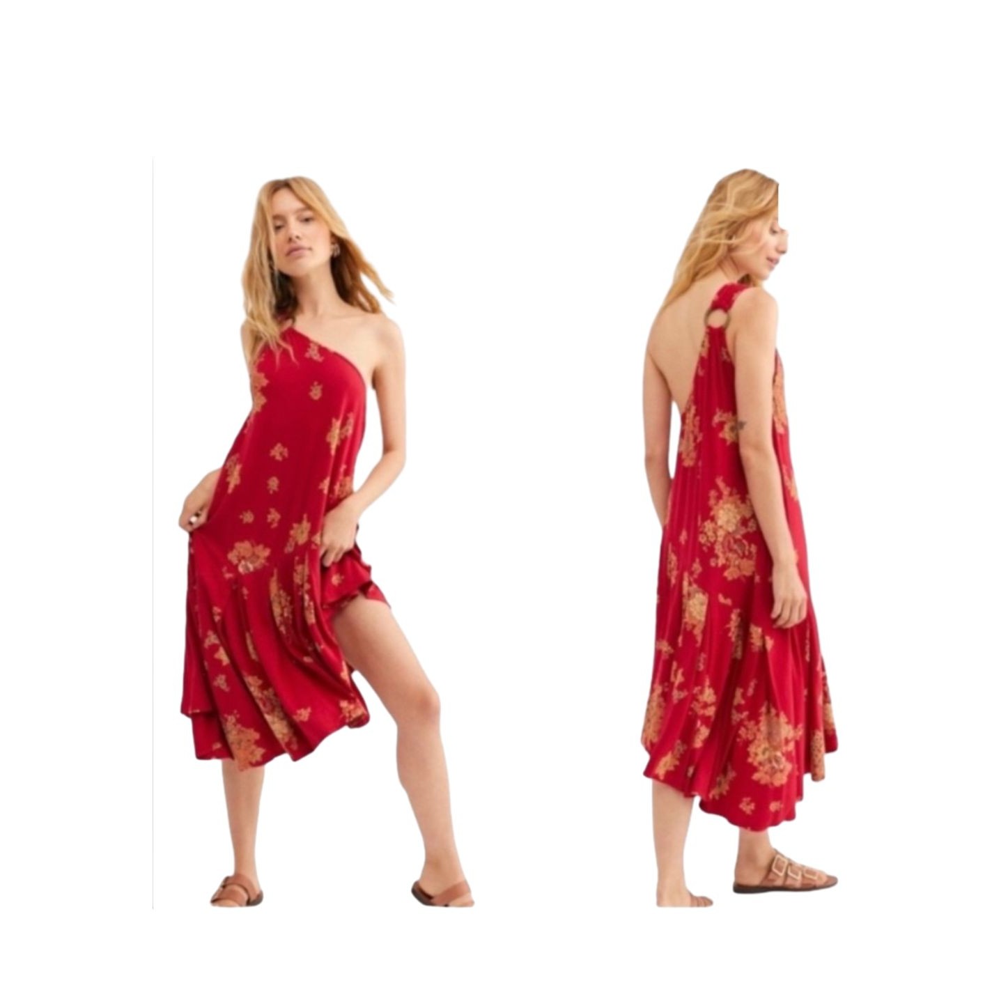 Free People Red Floral Off Shoulder Maxi Boho Dress Xs